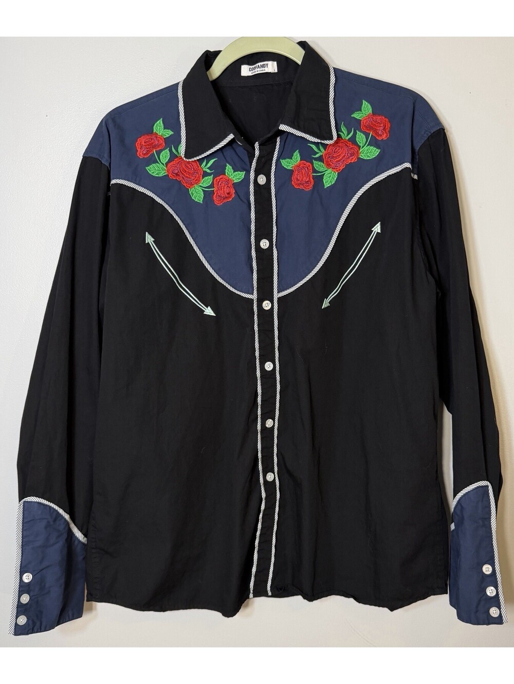 Coofandy Men’s Embroidered Rose Western Cowboy Shirt Pearl Snap Button Down Sz L